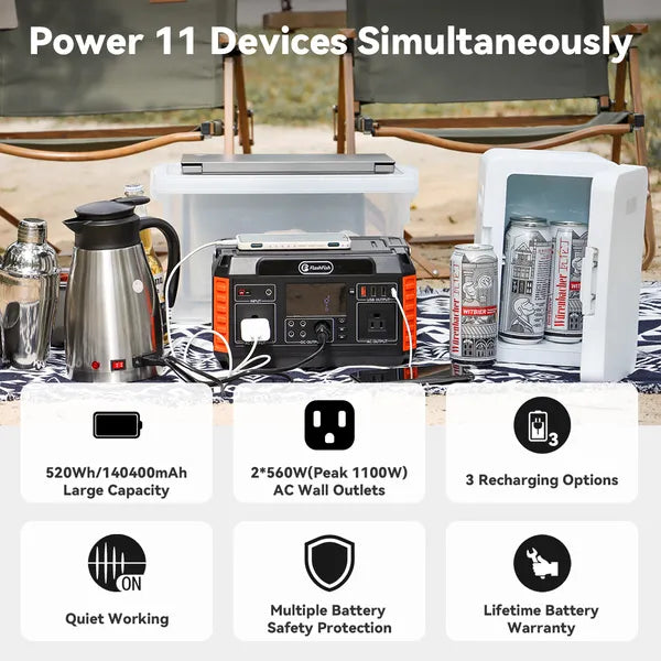 Flashfish 560W Power Station – 520Wh/140400mAh Solar Generator